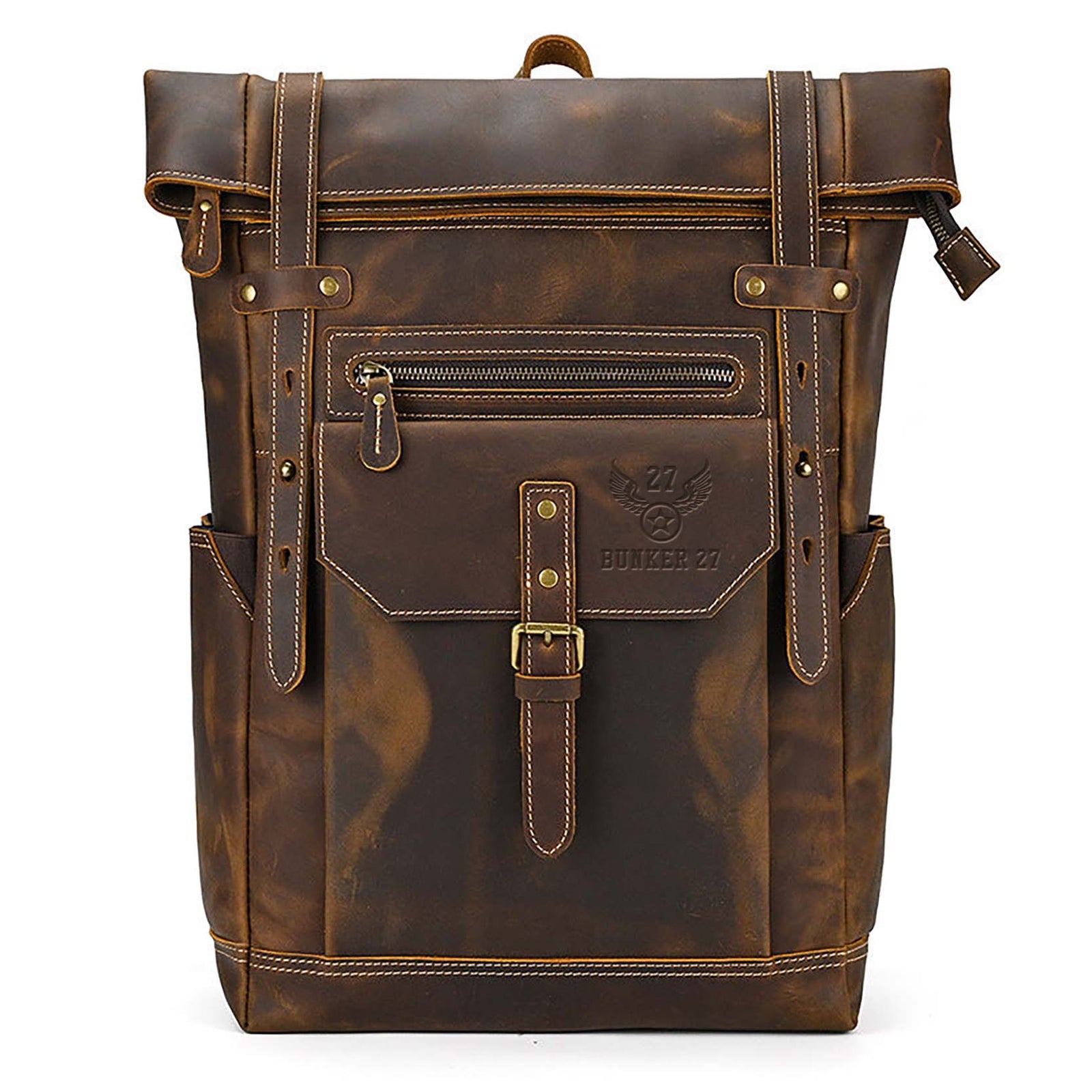 Brown leather backpack with visible branding on a white background