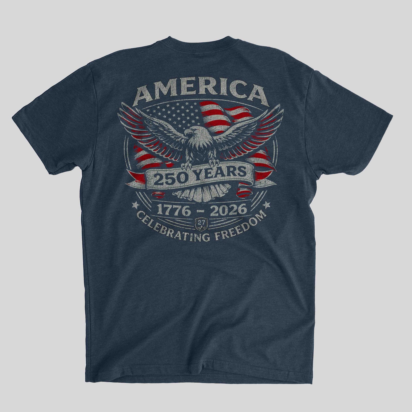 Navy blue t-shirt with American flag and eagle design on a gray background