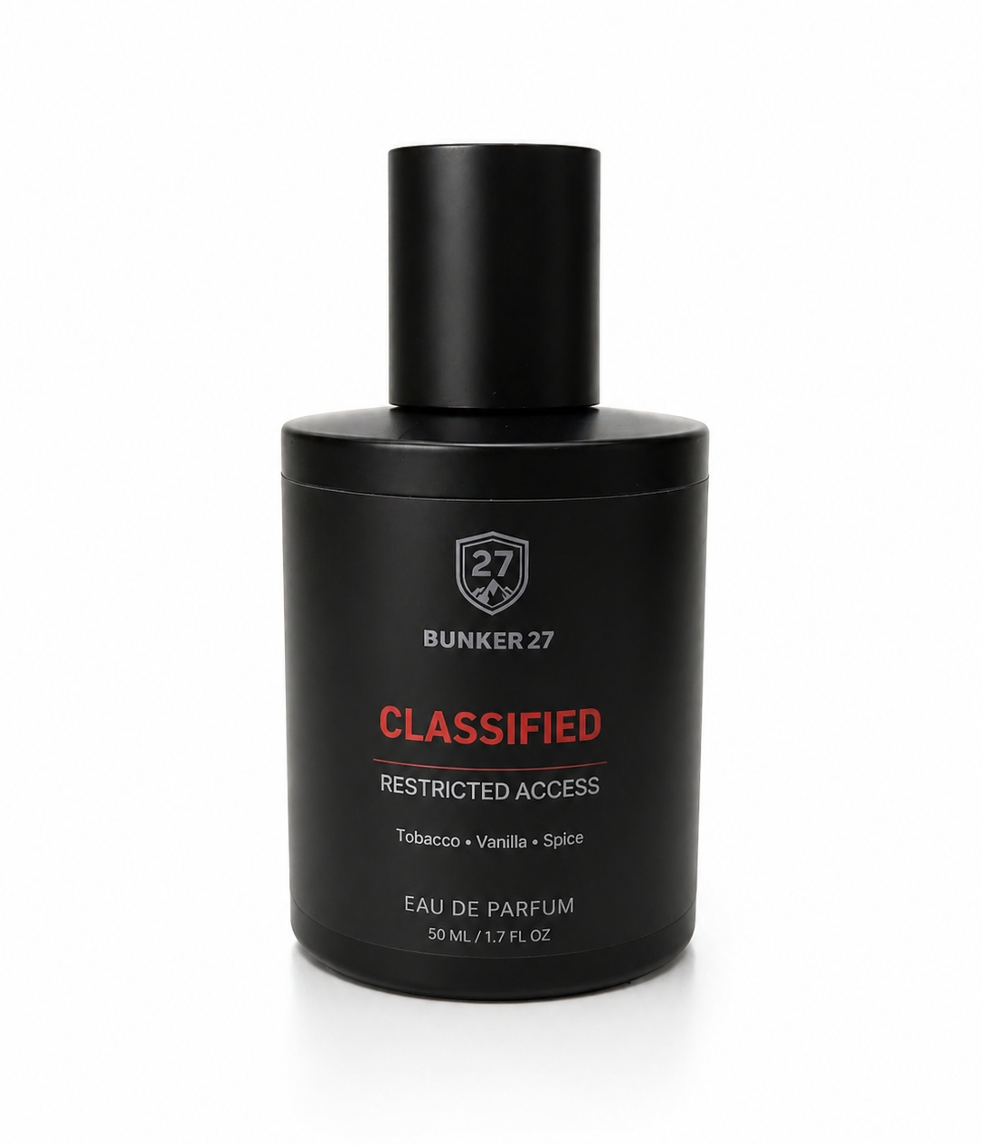 Black perfume bottle labeled 'Bunker 27 Classified Restricted Access' on a white background