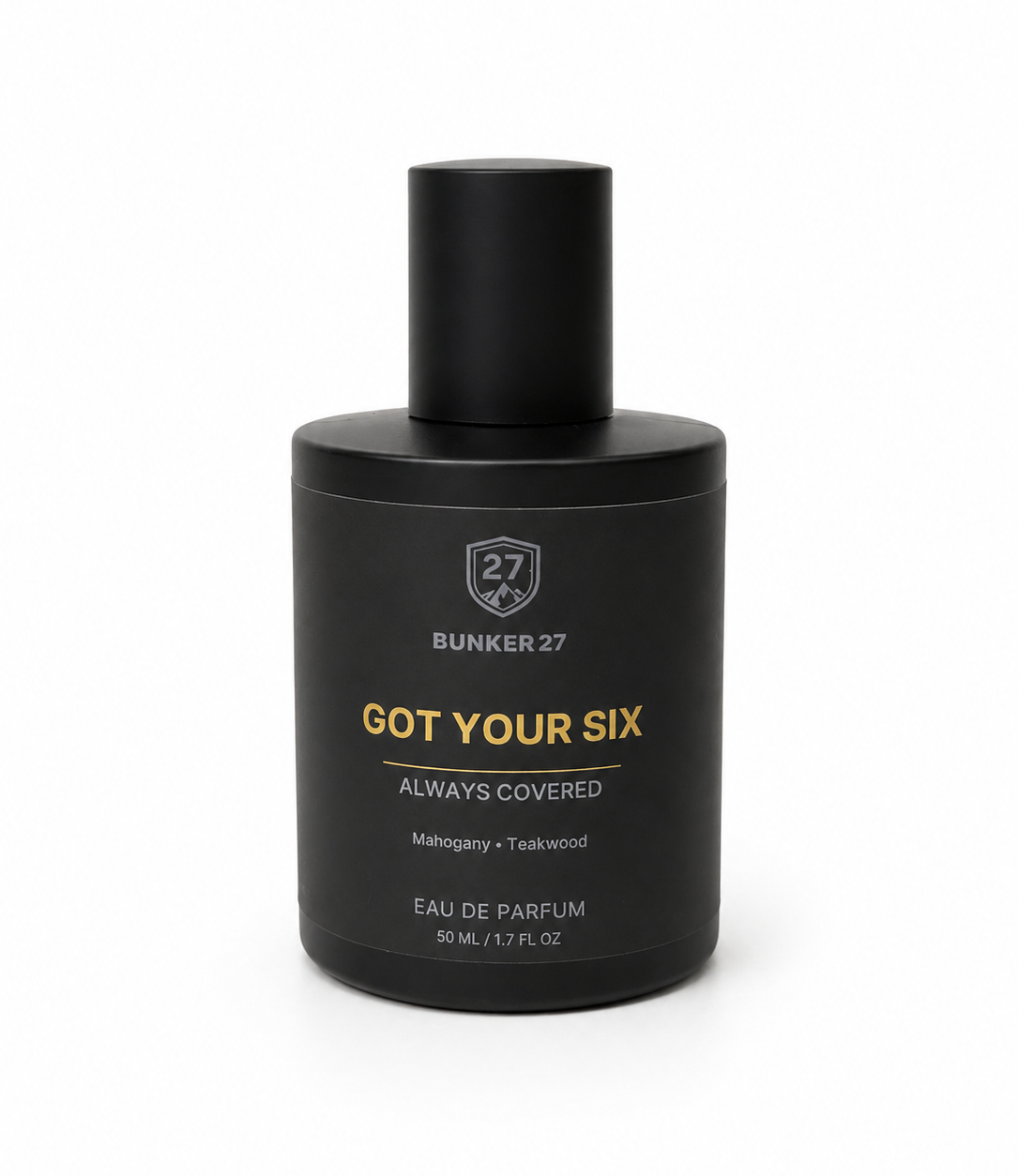 Black perfume bottle labeled 'Bunker 27 Got Your Six' on a white background
