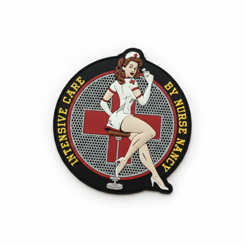 Sticker of a nurse on a stool with 'Intensive Care by Nurse Nancy' text.