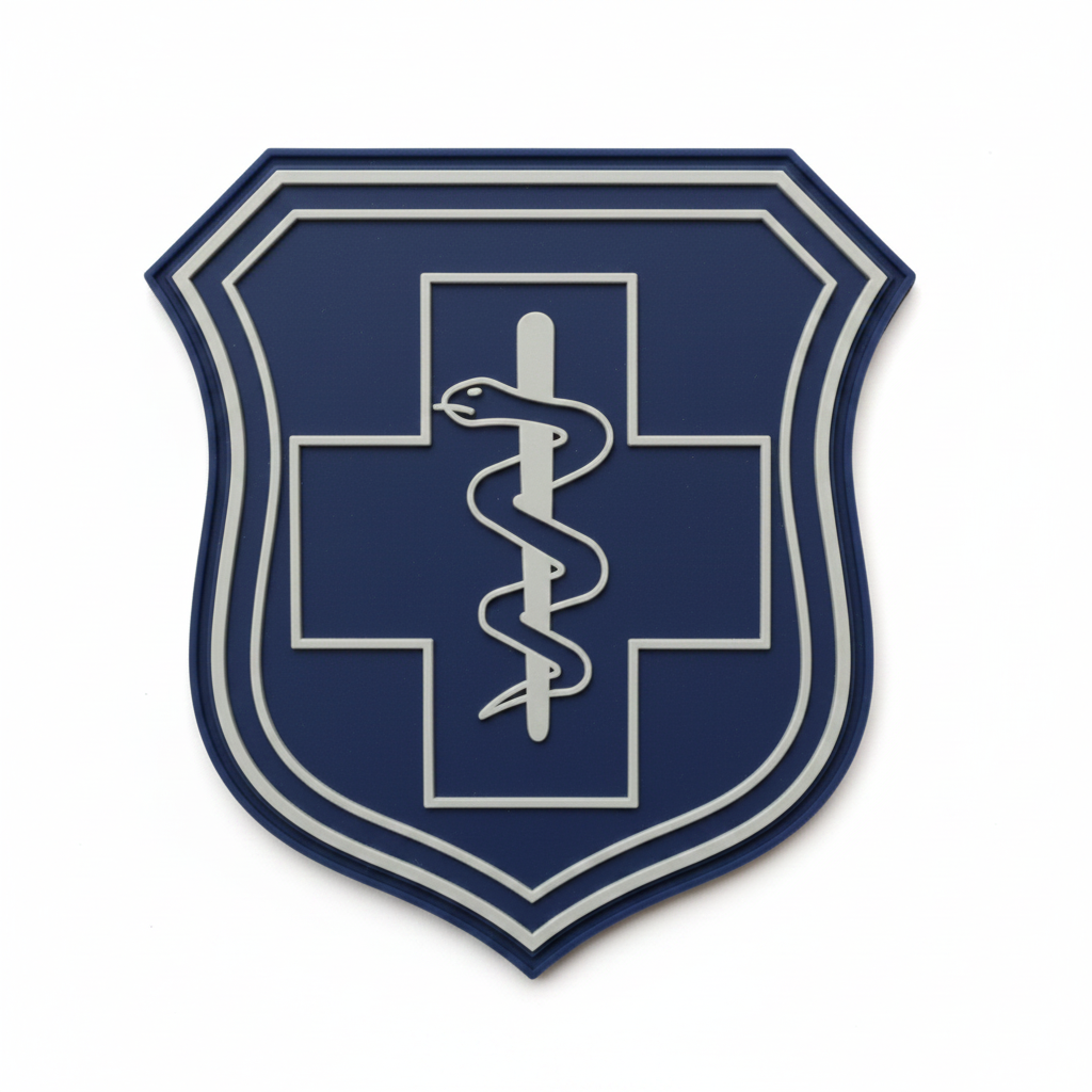 Medical emblem with snake and staff design on a blue shield