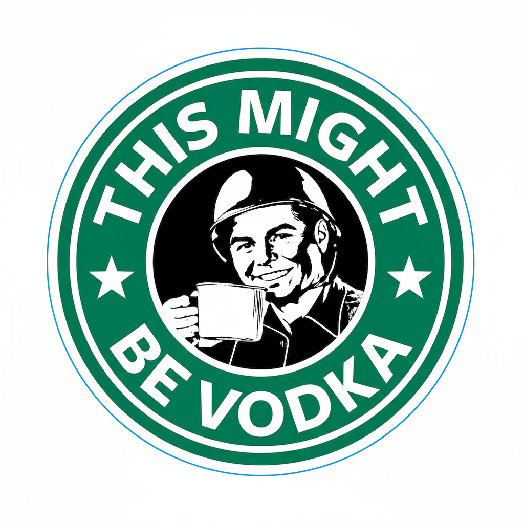Circular logo with a person holding a cup, labeled 'This Might Be Vodka', with dimensions indicated.