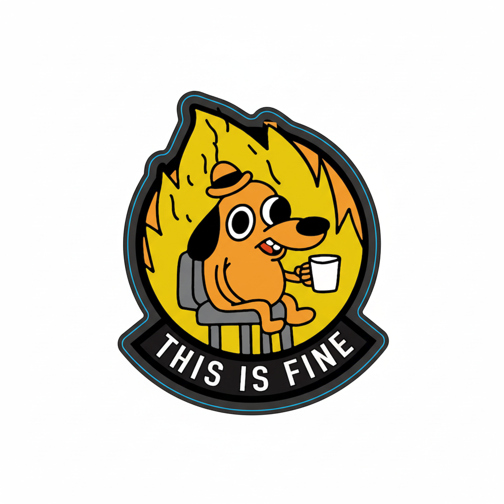 Sticker with a dog holding a coffee cup and 'This is Fine' text, with dimensions indicated.