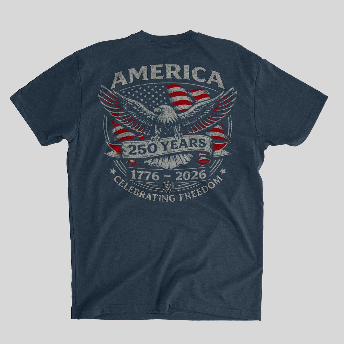 Navy blue t-shirt with American flag and eagle design on a gray background